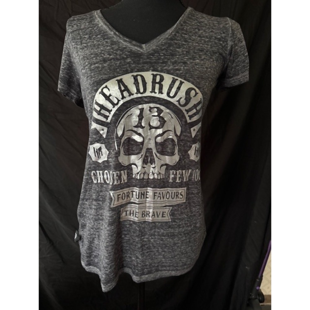 Headrush Womens Skull Graphic V-Neck T-Shirt Gray Silver Foil Burnout Small